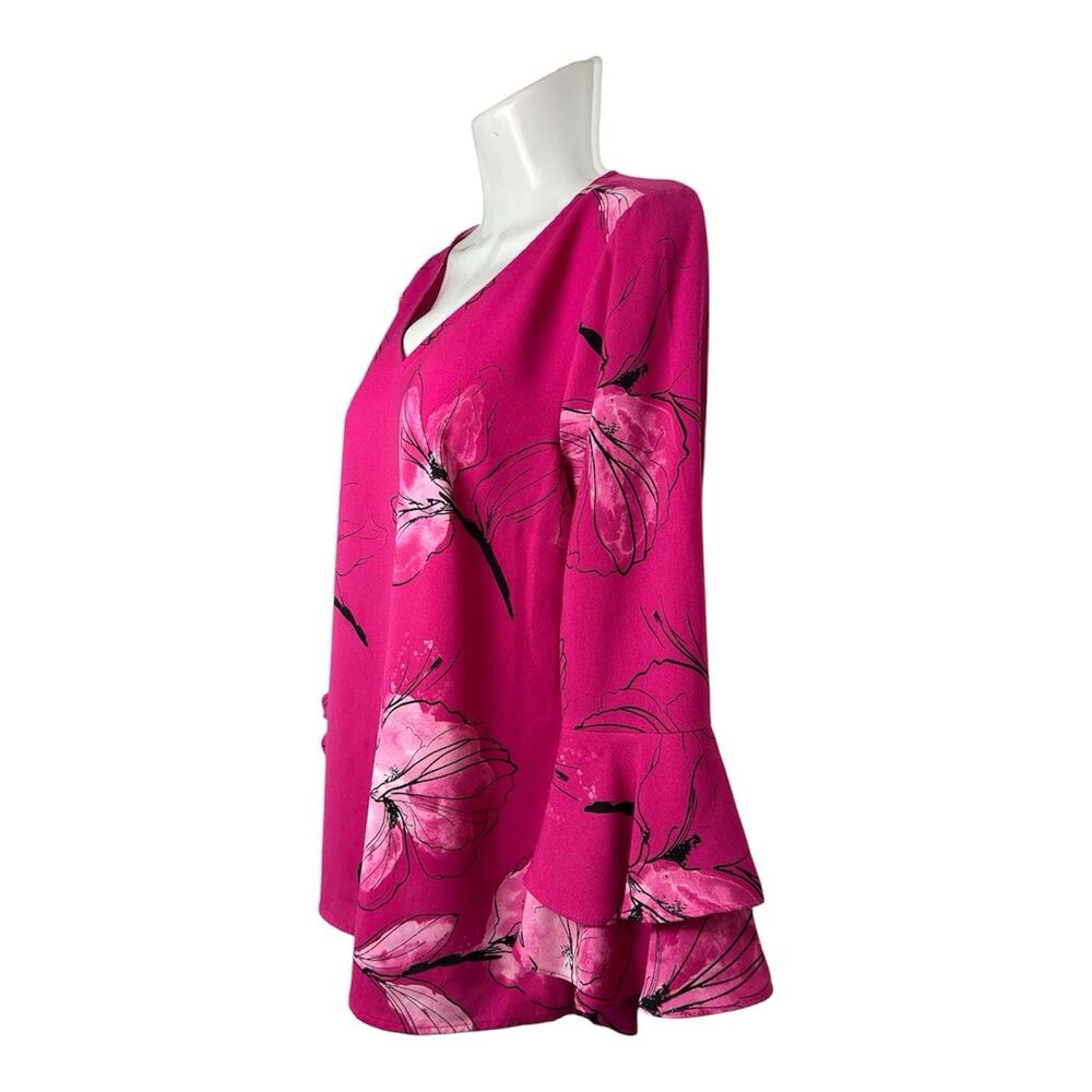 Apt 9 Blouse Top Medium Magenta Pink Floral Ruffle Flounce Sleeve Boho Career - Picture 2 of 8